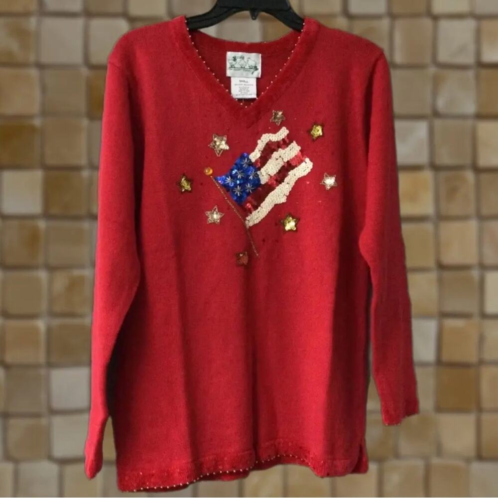 The  Cracker Factory size XL Red V-Neck woman's Sweater with Flag Design